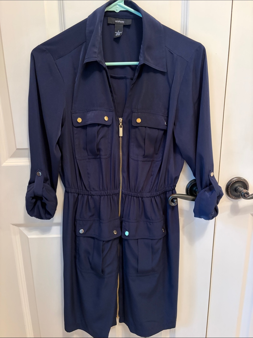 Alfani Navy Zip-Front Utility Dress with Roll Sleeves
